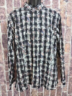 Barabas Mens Black Checkered Paisley Long Sleeve Shirt Large Mercerized Cotton